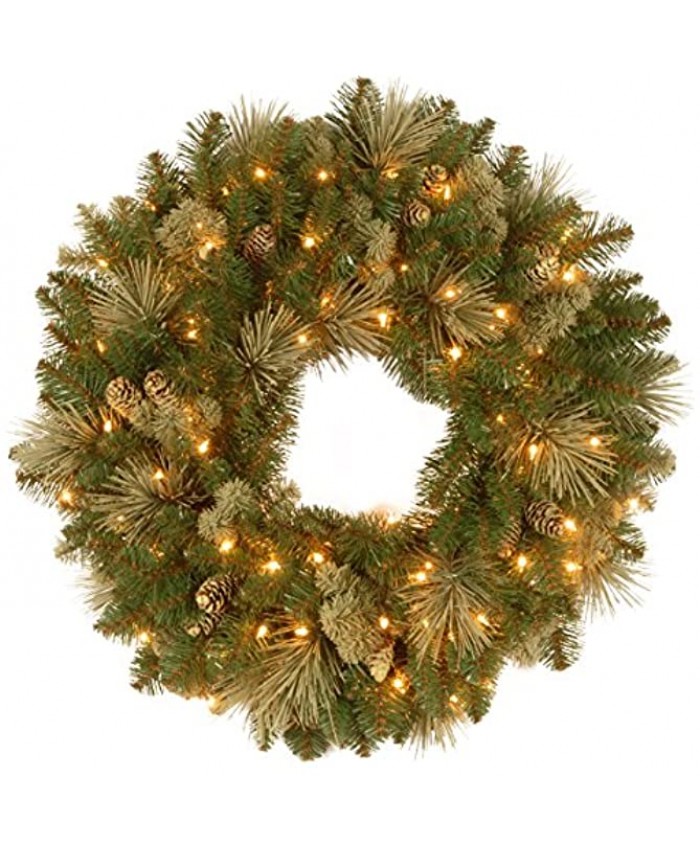 National Tree Company Pre-Lit Artificial Christmas Wreath Green Carolina Pine White Lights Decorated with Pine Cones Christmas Collection 24 Inches
