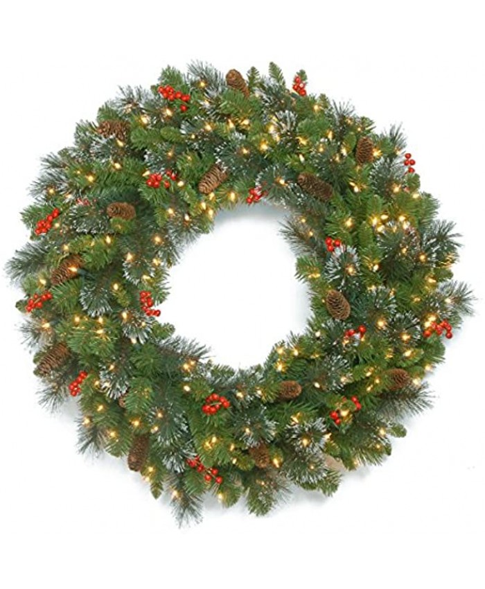 National Tree Company Pre-Lit Artificial Christmas Wreath Green Crestwood Spruce White Lights Decorated with Pine Cones Berry Clusters Frosted Branches Christmas Collection 30 Inches