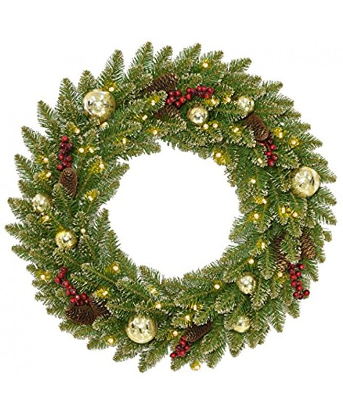 National Tree Company Pre-Lit Artificial Christmas Wreath Green Dunhill Fir White Lights Decorated with Frosted Branches Pine Cones Red Berries Ball Ornaments Christmas Collection 24 Inches