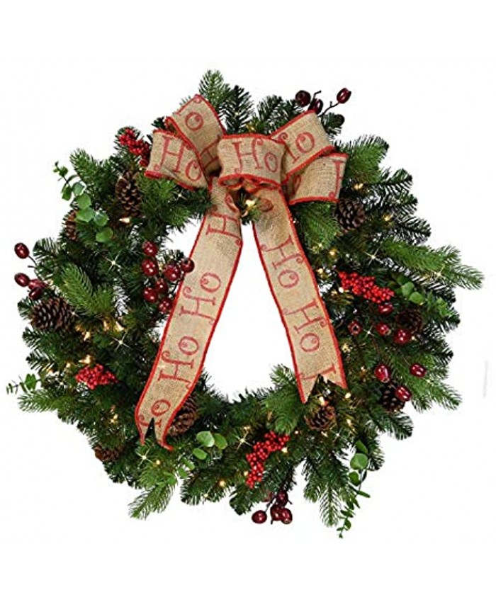 Puleo International 30 inch Pre-Lit Decorated Wreath with Bow Berries Mixed Green and 70 Clear Lights