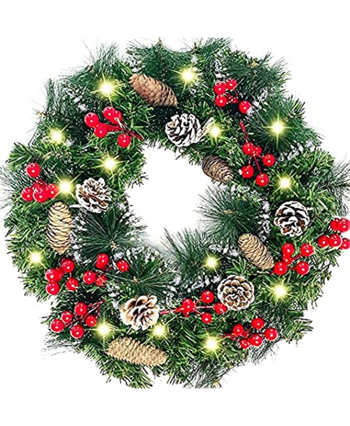 TURNMEON 20" Pre-lit Artificial Christmas Wreath for Front Door Decor,40 Lights Timer Snow Bristle Pine Berries Pinecone Battery Operated Wreath Holiday Xmas Decoration Home Indoor OutdoorWarm White