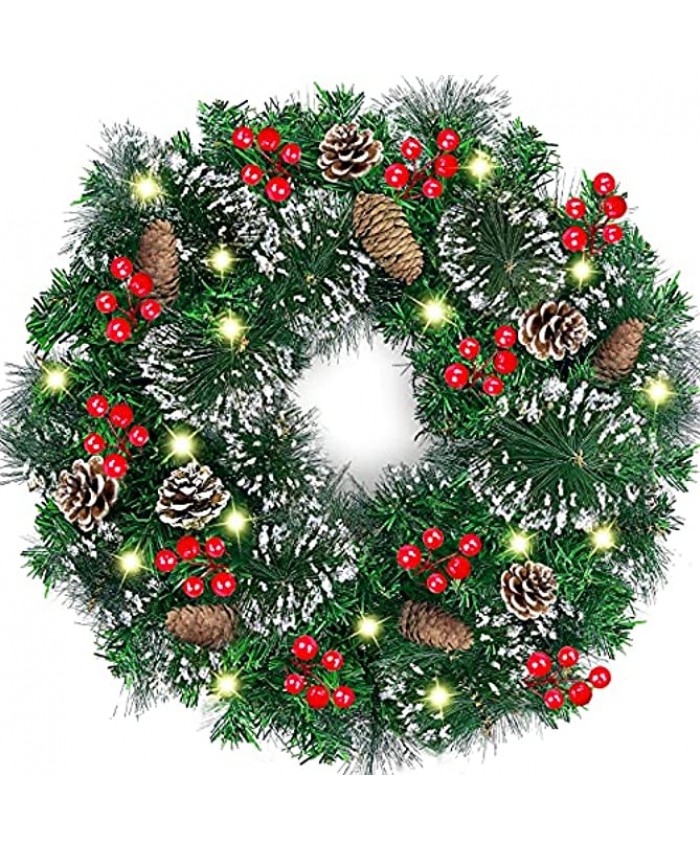 TURNMEON 20" Prelit Artificial Christmas Wreath for Front Door Decor with Timer 40 Warm Lights Flocked Snowy Bristle Pine Berry Pine Cone Battery Operated Holiday Xmas Decoration Indoor Outdoor Home