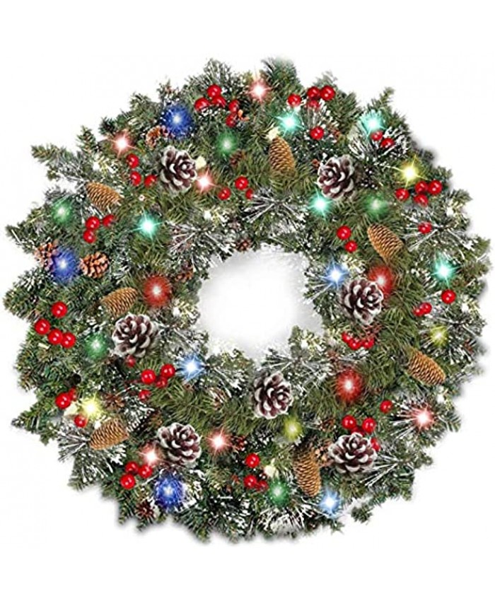 TURNMEON 30 Inch Christmas Wreath with Lights Christmas Decoration Battery Operated with Timer Pre-lit Spruce Wreath with 80 LED Light Red Berries Pine Cones Snowflakes Silver BristlesColorful