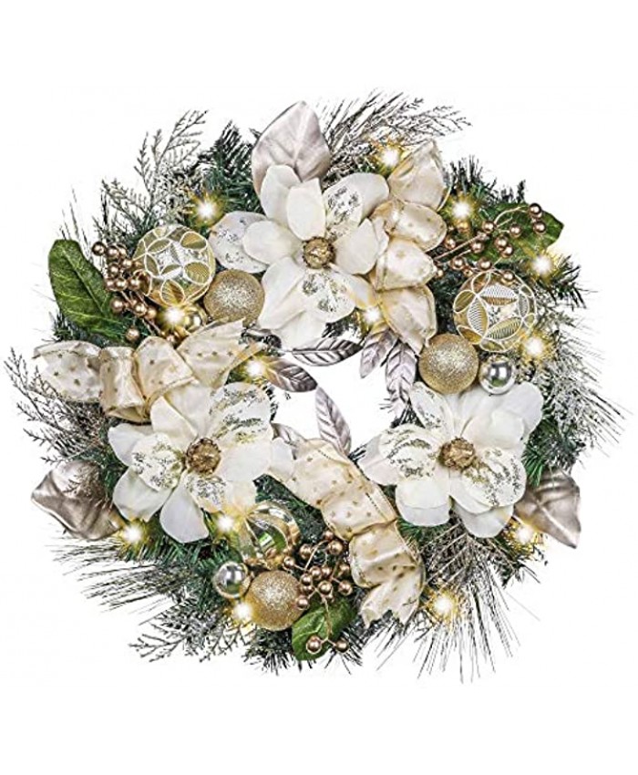 Valery Madelyn Pre-Lit 24 inch Elegant Champagne Gold Lighted Christmas Wreath for Front Door with Ball Ornaments Battery Operated 20 LED Lights Holiday Decoration for Fireplace Xmas Decor