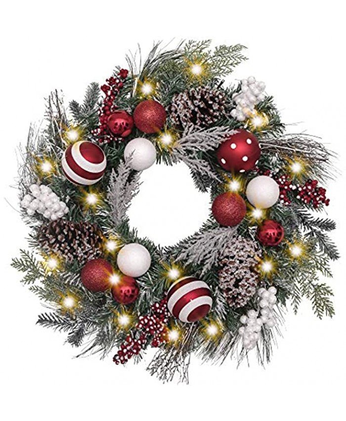 Valery Madelyn Pre-Lit 24 inch Traditional Red White Lighted Christmas Wreath for Front Door with Ball Ornaments Battery Operated 20 LED Lights Holiday Decoration for Fireplace Xmas Decor