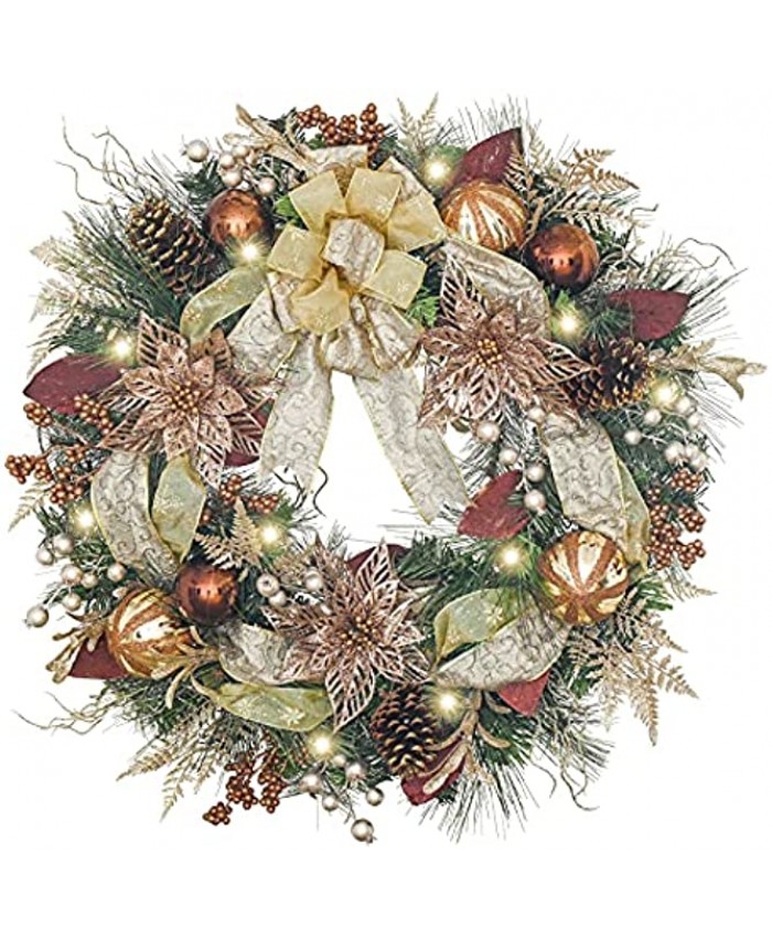 Valery Madelyn Pre-Lit 30 inch Luxury Copper Gold Large Lighted Christmas Wreath for Front Door with Ball Ornaments Pine Cones Battery Operated 40 LED Lights Holiday Decoration Fireplace Xmas Decor