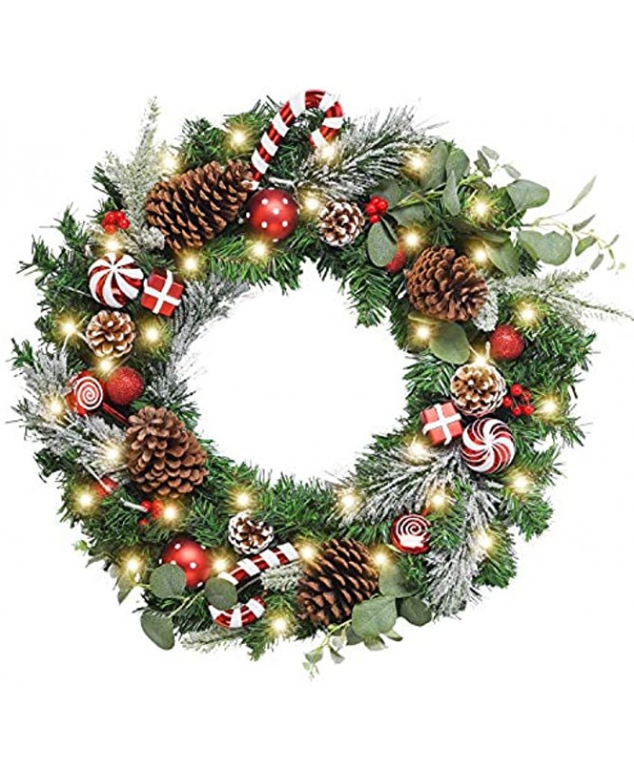 WANNA-CUL Pre-Lit 24 Inch Lighted Christmas Wreath for Front Door Red White Christmas Door Wreath Decoration with Ball Ornaments Candy Canes,Eucalyptus Leaves Battery Operated 30 LED Lights