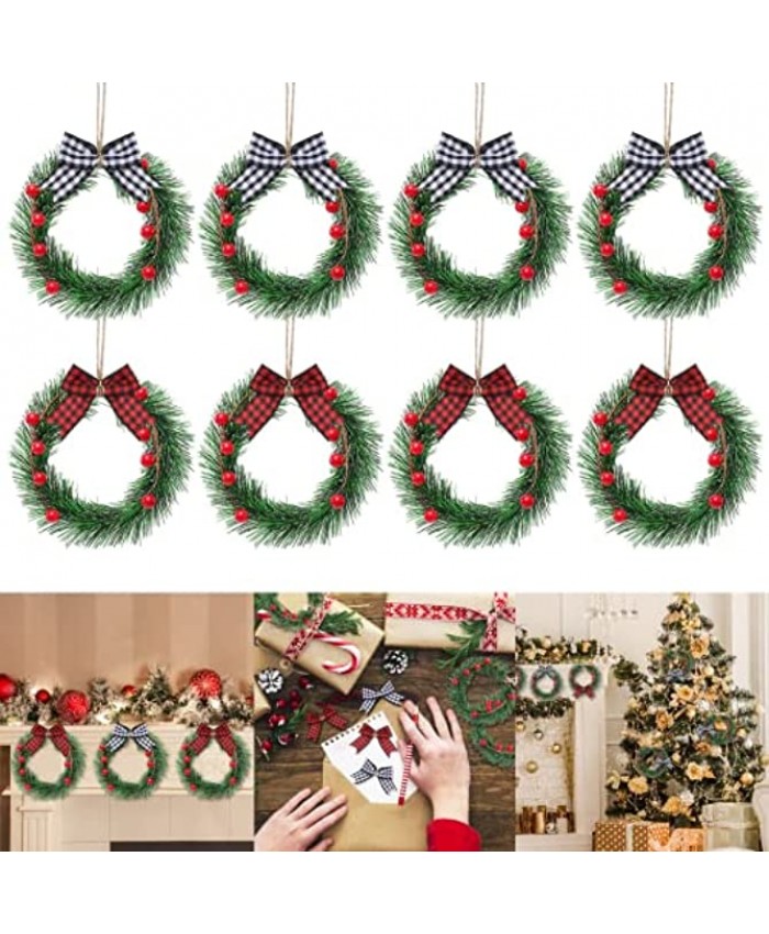 Whaline 8Pcs Mini Christmas Wreath with 8Pcs Mini Plaid Bows Christmas Pine Wreaths Black White Red Bow Christmas Hanging Ornaments for Christmas Tree Window Wall Door Holiday Festival Decoration