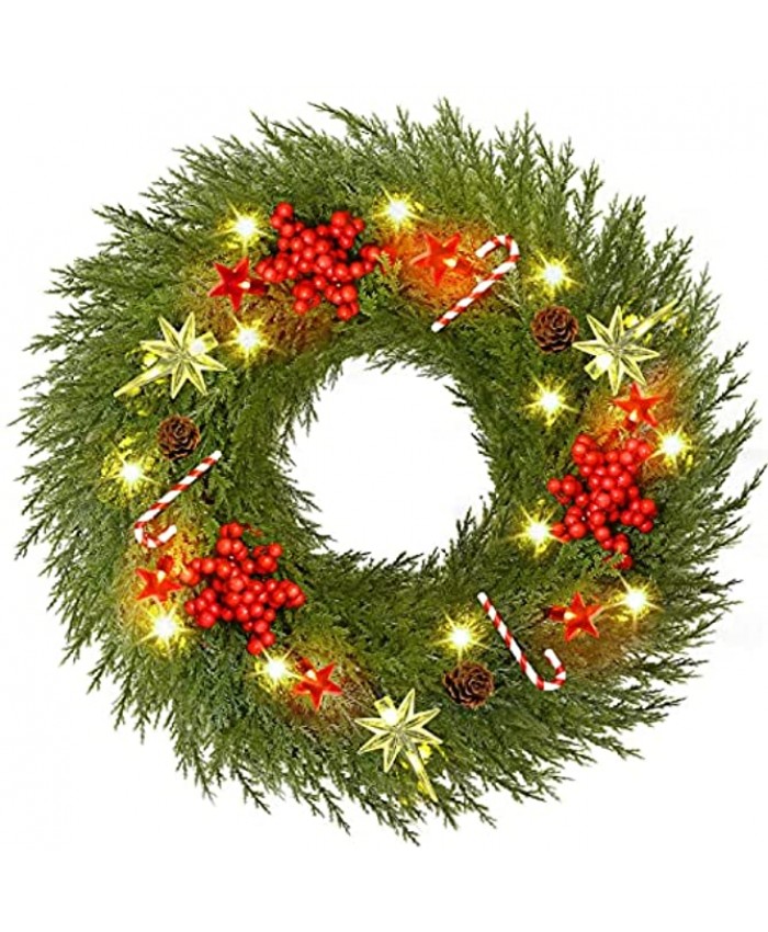 YoleShy Pre-lit Christmas Wreath for Front Door with Hanger 18" Battery Operated Christmas Wreath with Lights Red Berry Pine Cone Candy Cane Christmas Decorations for Window Wall Decor Fireplace