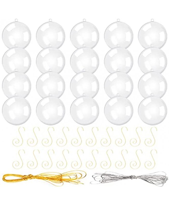20 Pcs 3.2" Round Clear Fillable Christmas Ornaments Ball Decoration Baubles for Christmas Tree Craft Gifts Wedding Party Decor Includes Hooks Gold and Silver String for Easy Hanging
