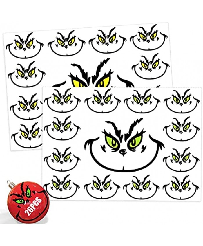 26 PCS Grinch Stickers for Ornaments Yellow Eyes Christmas Decorations DIY Stickers Grinch Face Decals Grinch Face Stickers for The Home,Party Supplies Water Bottles