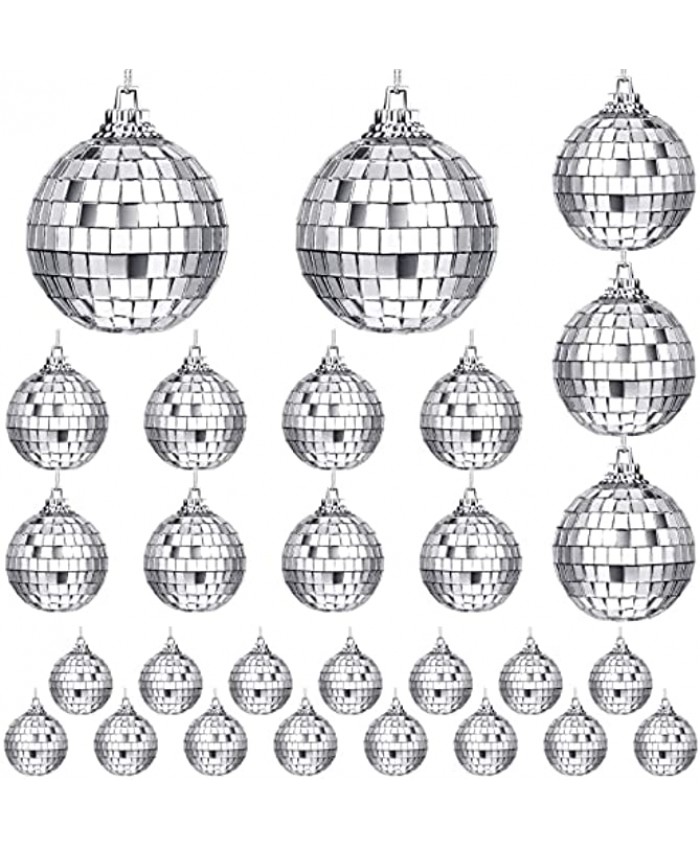 28 Pieces Disco Ball Ornaments 70s Reflective Mirror Ball Decorations 60s Christmas Balls Ornament Silver Xmas Tree Hanging Balls with Fastening Strap for Home Stage Props Festivals Party Accessories