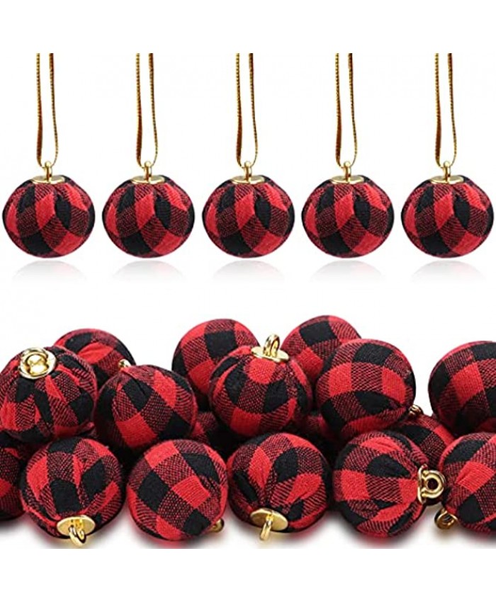 50 Pieces Christmas Buffalo Plaid Ball Ornaments,1 Inch Red Black Check Fabric Ball Hanging Ornaments Christmas Tree Ornament for Xmas Brithday Wedding Valentine'S Day Party Decoration Supplies