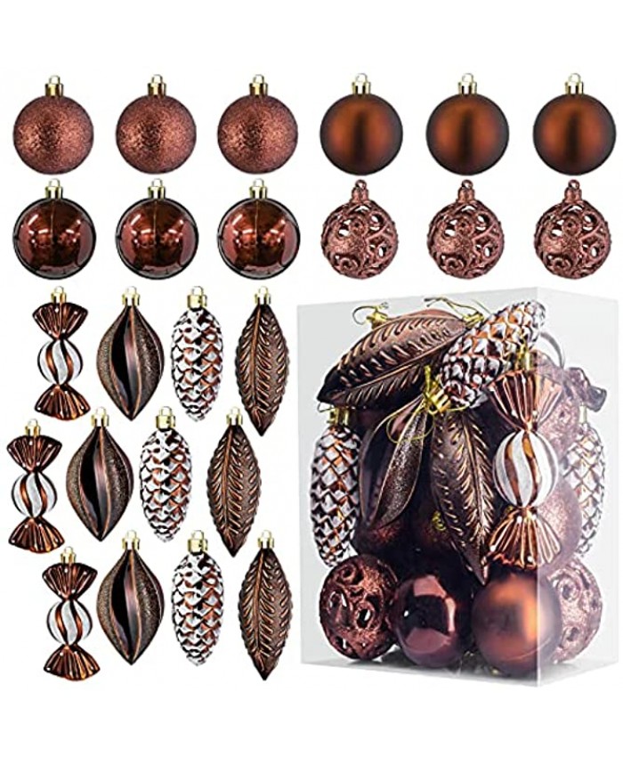 Brown Christmas Ball Ornaments for Christams Decorations 24 Pieces Xmas Tree Shatterproof Ornaments with Hanging Loop for Holiday and Party Decoration Combo of 8 Ball and Shaped Styles
