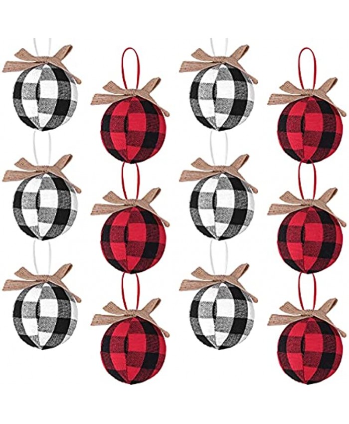 Bunny Chorus Christmas Tree Ornaments 12 Pcs 2-1 2 Inches Red Black White Buffalo Check Plaid Stitching Christmas Decorations Rustic Ball Ornaments for Family Holiday Xmas Party Decorations Gift