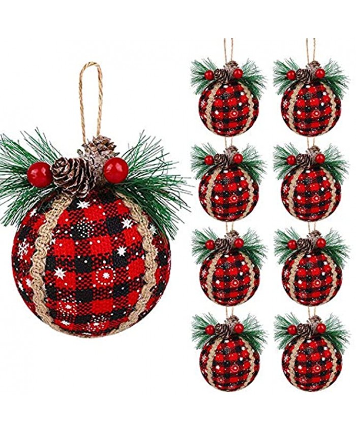 Iceyyyy 9PCS Christmas Plaid Ball Ornaments 3 Inch Black & Red Buffalo Plaid Fabric Ball Ornaments with Pine Cones and Greenery Plaid Christmas Tree Hanging Ball Ornaments Festive Decorations