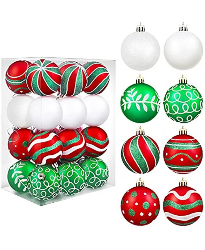 MCEAST 24 Pieces Christmas Ball Ornaments Painting & Glittering Christmas Tree Pendants Shatterproof Decorative Baubles in 8 Patterns for Christmas Tree Decorations Red Green White