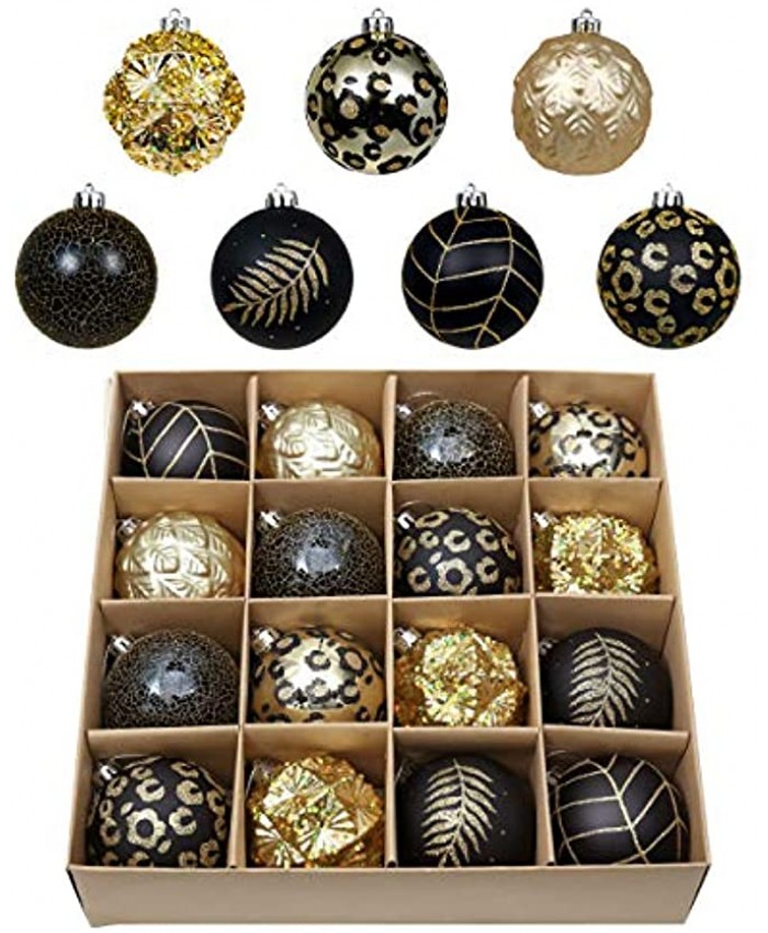 Valery Madelyn 16ct 80mm Golden Tropical Party Black and Gold Christmas Ball Ornaments Decor Shatterproof Christmas Tree Ornaments for Xmas Decoration