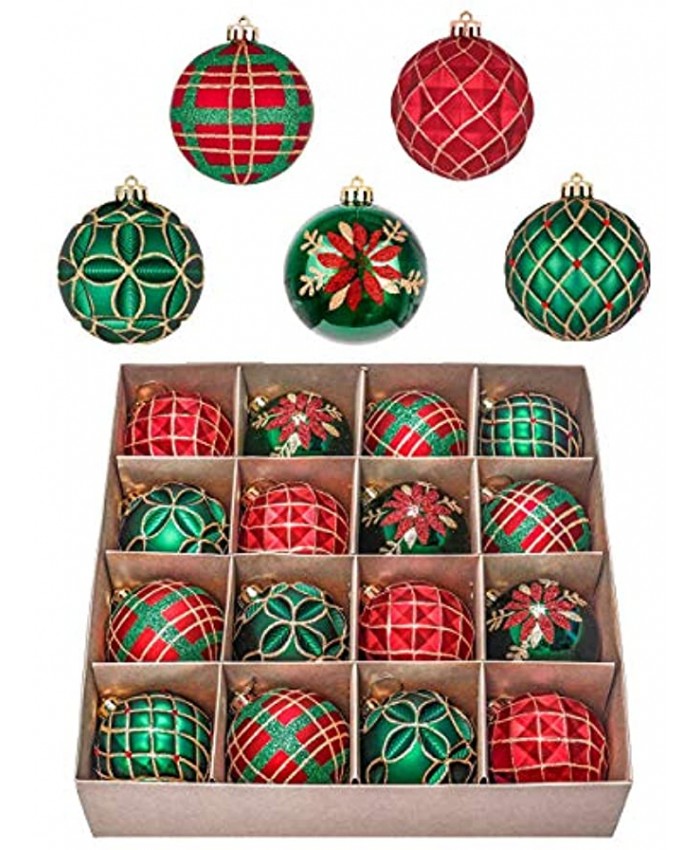Valery Madelyn 16ct 80mm Traditional Red Green and Gold Christmas Ball Ornaments Decor Shatterproof Christmas Tree Ornaments for Xmas Decoration