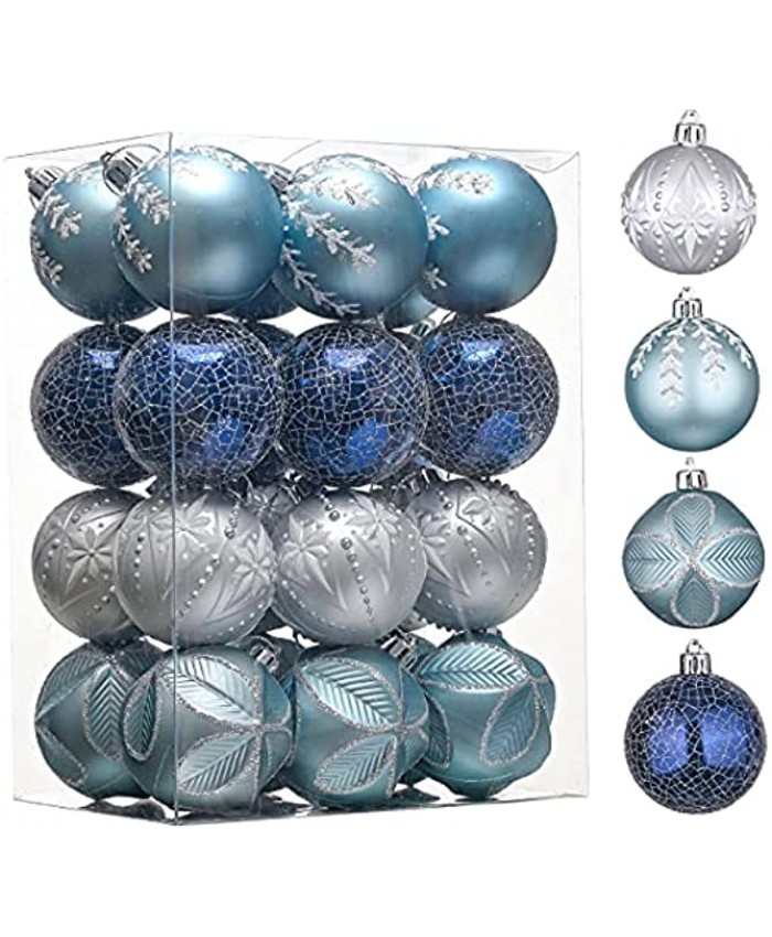 Valery Madelyn 24ct 60mm Winter Wishes Sliver and Blue Christmas Ball Ornaments Shatterproof Xmas Balls for Christmas Tree Decoration
