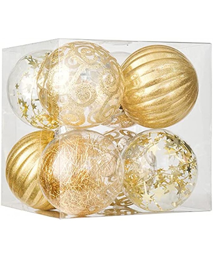 XmasExp 8ct Christmas Ball Ornaments Set -Large Clear Plastic Shatterproof Xmas Tree Ball Hanging Baubles Stuffed Delicate Glittering for Holiday Wedding Xmas Party Decoration 100mm 3.94",Gold