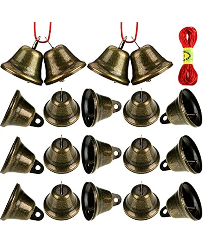 20 Pcs Vintage Style Brass Hanging Bell Christmas Tree Decoration Bells Tall Clear Ring Metal Door Bell Small Polished Dog Bells Halloween DIY Craft with Bright Red Rope for Animal Reception Bell