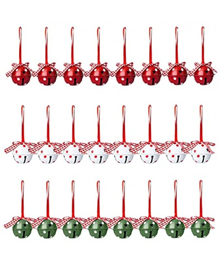 BTPOUY 24 Pcs Christmas Jingle Bells Ornaments 2 Inch Xmas Jingle Bells with Rope and Bow Christmas Tree Hanging Bells with Star Cutouts for Xmas Tree Decorations
