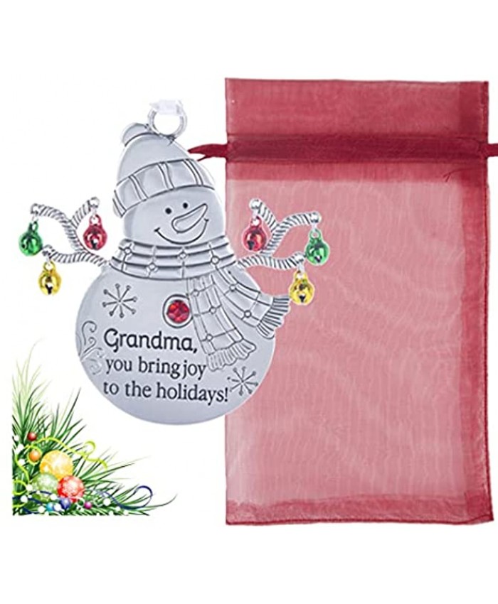 Grandma You Bring Joy to the Holidays Snowman Ornaments with Bells 2 Sided for Holiday Christmas Tree Décor Grandparents Gifts from Kids Presented in a Festive Red Organza Bag with Card