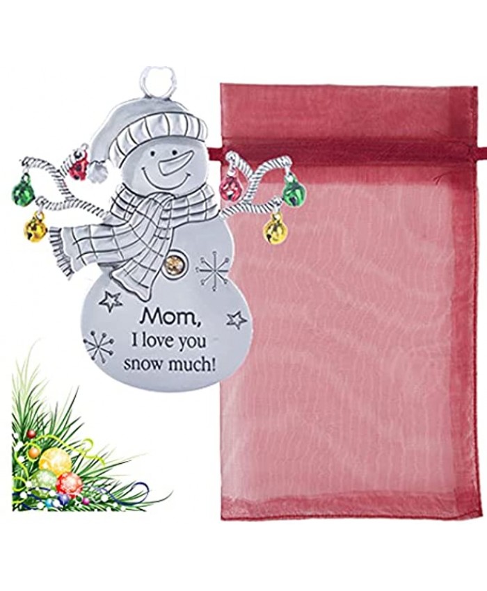 MOM I Love You Snow Much! Religious Christmas Snowman Ornaments with Bells 2 Sided for Holiday Christmas Tree Décor Mom Gifts from Kids Presented in a Festive Red Organza Bag with Card