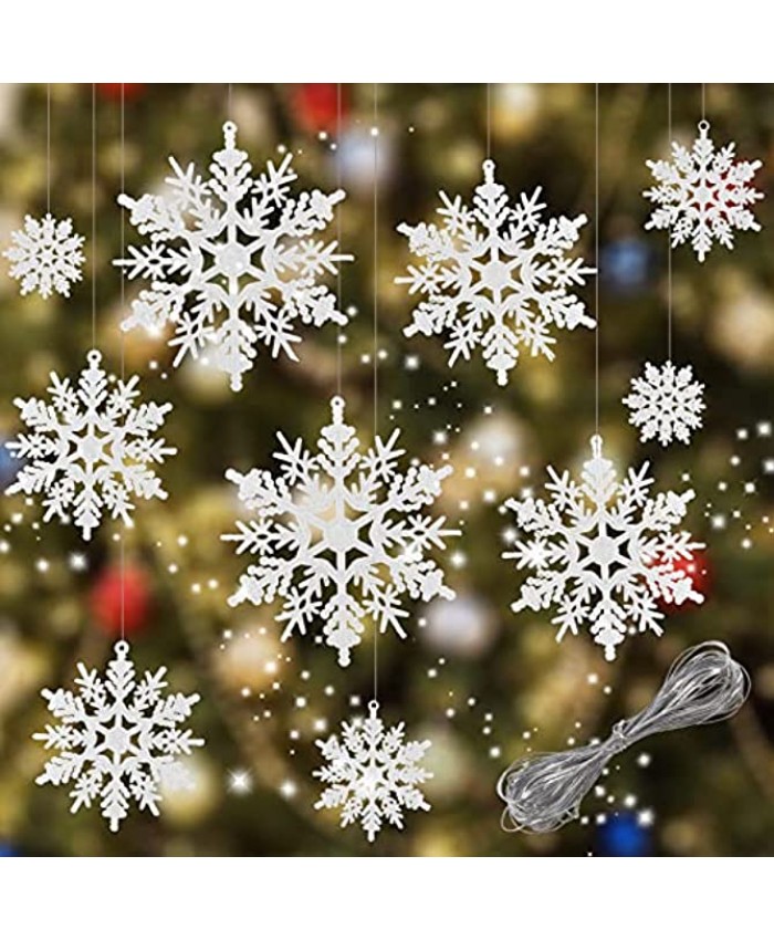 46Pcs Christmas Glittered Snowflake Ornaments White Plastic Snowflakes Assorted Sized Xmas Tree Hanging Snow Flakes Decorations