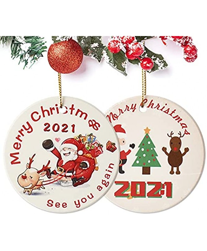 Chillyfar 2021 Christmas Ornaments Commemorative Ornament Santa Claus Ceramic Round Ornament with Ribbon for X'Mas Tree Ornament Hanging Accessories Home Decoration  2pack Set Style A