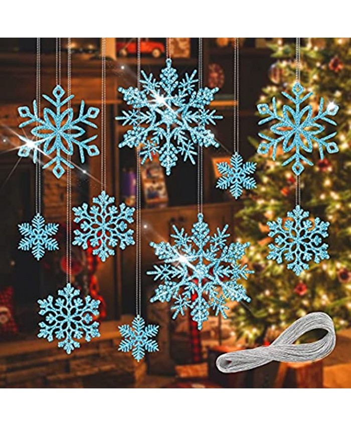 Christmas Hanging Snowflake Decorations 40PCS Snowflake Christmas Tree Ornaments Decorations Plastic Glitter Blue Snowflake Garlands for Winter Wonderland Holiday Party Home Window Door Decorations