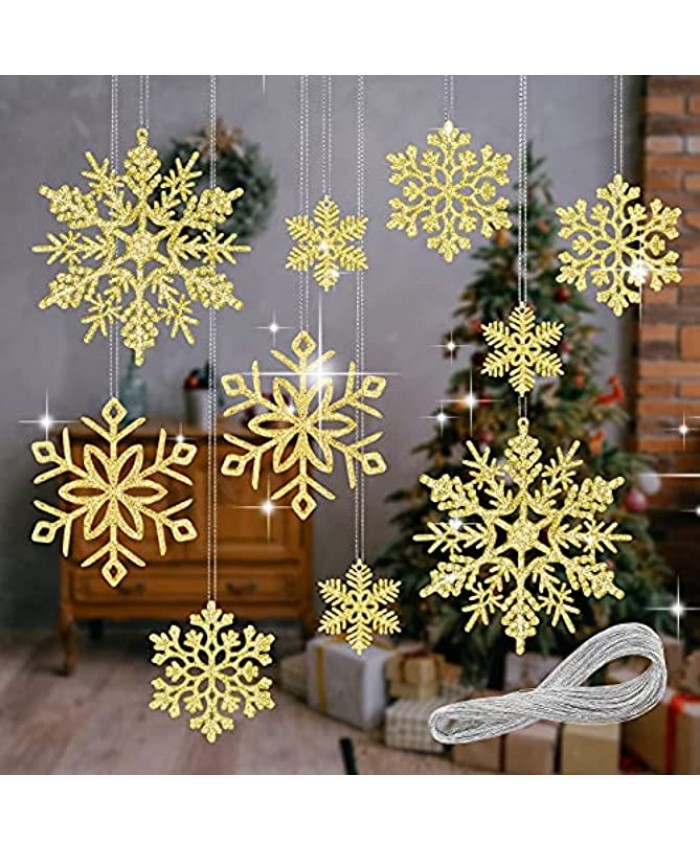 Christmas Hanging Snowflake Decorations 40PCS Snowflake Christmas Tree Ornaments Decorations Plastic Glitter Gold Snowflake Garlands for Winter Wonderland Holiday Party Home Window Door Decorations
