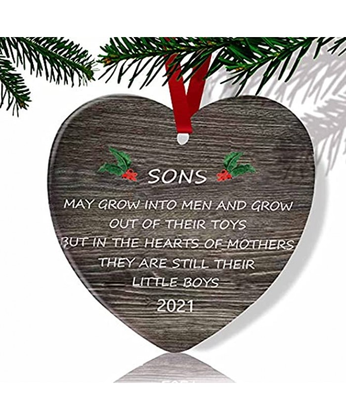 Christmas Ornament for Son Sons in The Hearts of Mothers Poem Ceramic Ornaments Circle Porcelain Ornament with Red Ribbon for Son Grown Child from Mom Xmas Decoration Hanging Ornament 3 Inch