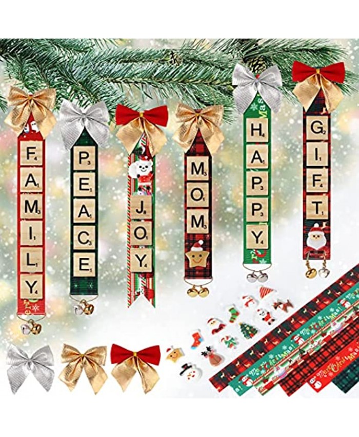 Christmas Tree Ornaments Decorations Personalized DIY Crafts Kit Wooden Letter Ribbon Bells Name Tags Hanging Xmas Decor for Kids Adults