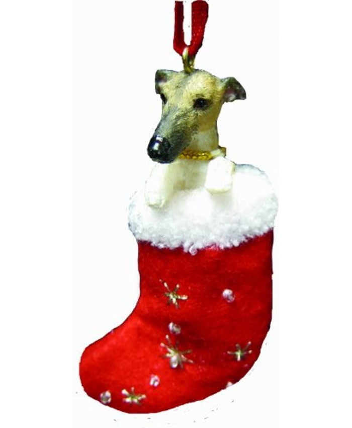 Greyhound Christmas Stocking Ornament with "Santa's Little Pals" Hand Painted and Stitched Detail
