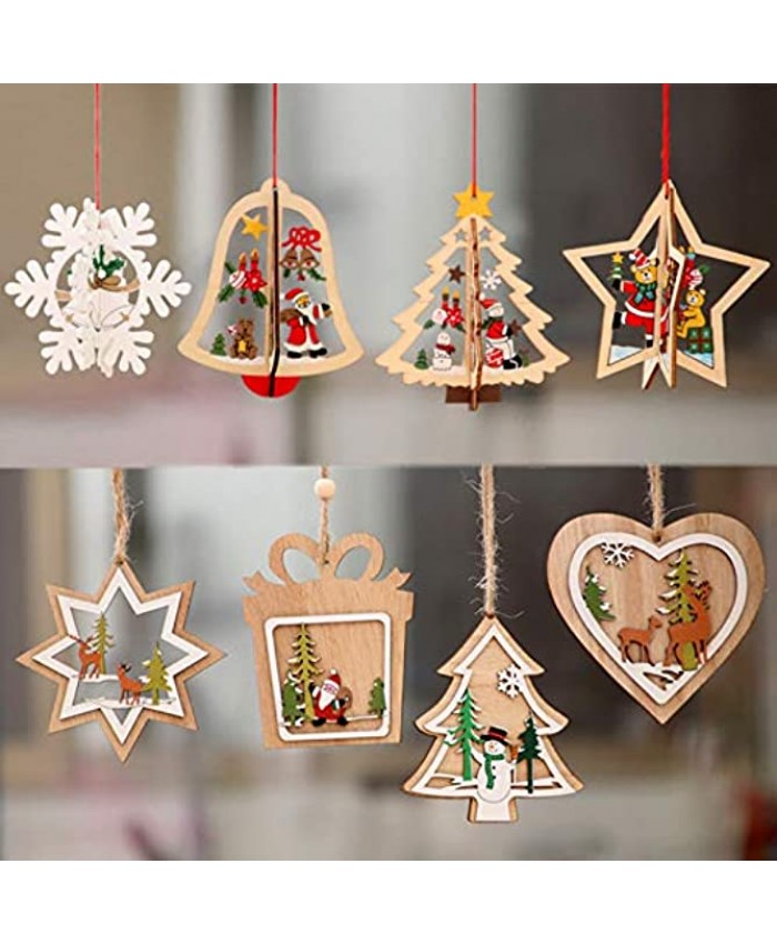 Hesanzol Christmas Decorative Hanging Ornaments Wooden Christmas Tree Ornaments Xmas Hanging Pendant Crafts Holiday Decor with Strings Pack of 8