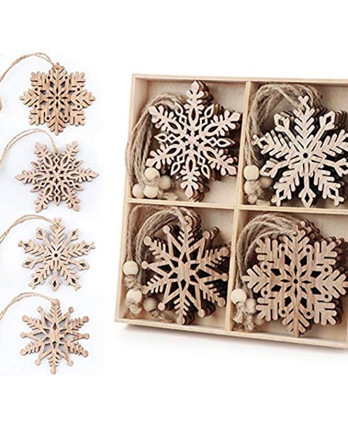 ilauke 20 pcs Unfinished Christmas Wood Snowflake Ornaments 4 Style of Snowflake Ornaments Bulk with Twine Christmas Tree Decorations Tags2.75"-3.15"