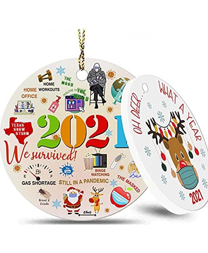 MINICAR Oh Deer What A Year Christmas Tree Ornaments 2021 Ceramic Round 2-Sides Printed 2021 We Survived But Still in A Pandemic Reindeer Ornament