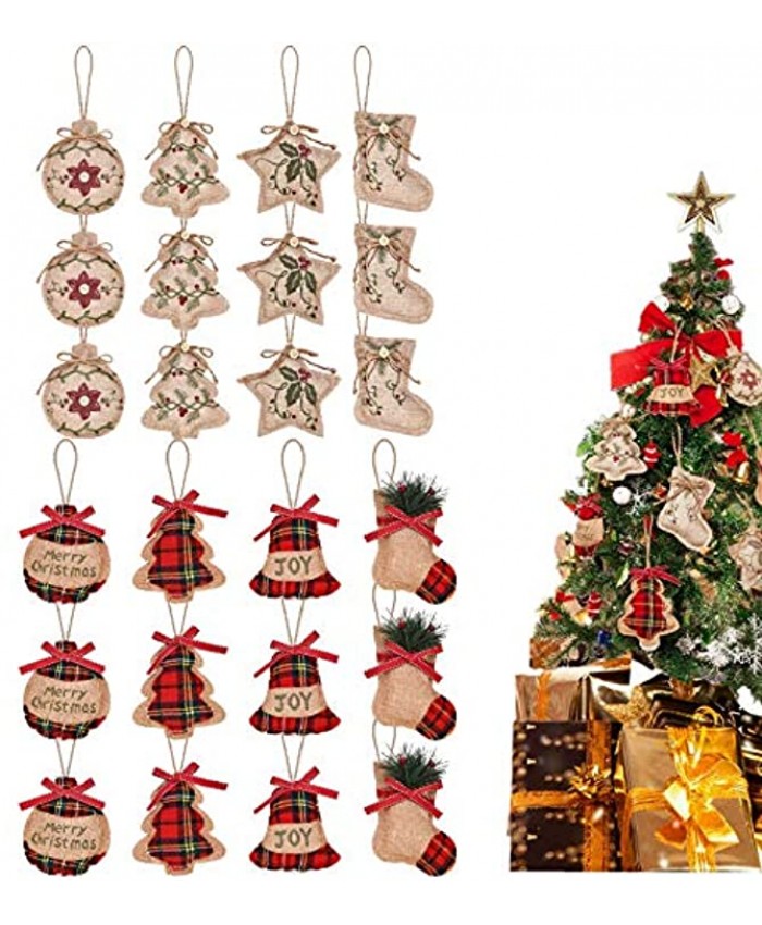 Virtue morals 24 Pieces Burlap Christmas Tree Ornaments Xmas Hanging Decoration Christmas Stocking Ball Tree Bell Star Shapes Christmas Ornaments for Christmas Holiday Party Décor
