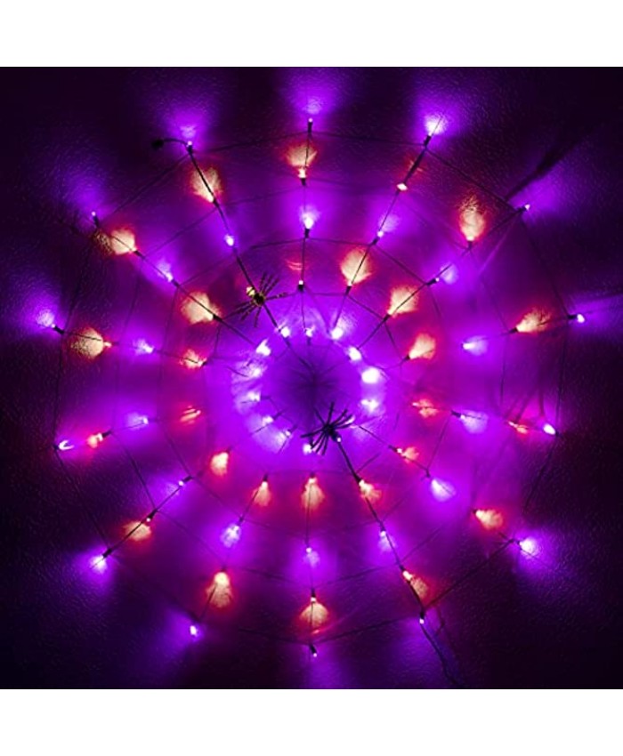 60" LED Spider Web Light with Cobweb and 2 Small Spiders 70 LED Orange & Purple Spider Web for Indoor and Outdoor Front Porch Outdoor Doorway Yard Trees Haunted House Halloween Decorations