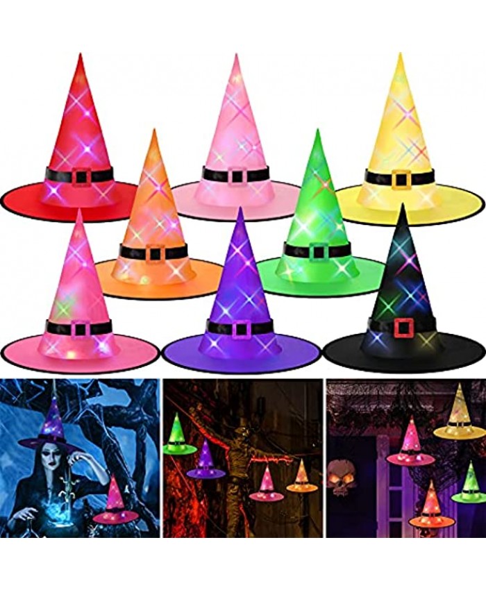 8 Pieces Halloween Hanging Lighted Witch Hat Decorations Halloween Decorations Glowing Witch Hat Lights Battery Operated Hanging Lighted Glowing Witch Hat for Outdoor Yard Tree 8 Colors