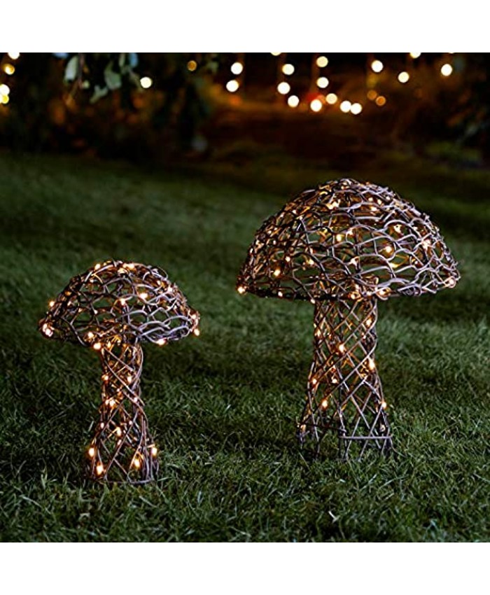 Lights4fun Inc. Set of 2 Rattan Toadstool Mushroom Outdoor Battery Operated LED Light Up Decorations