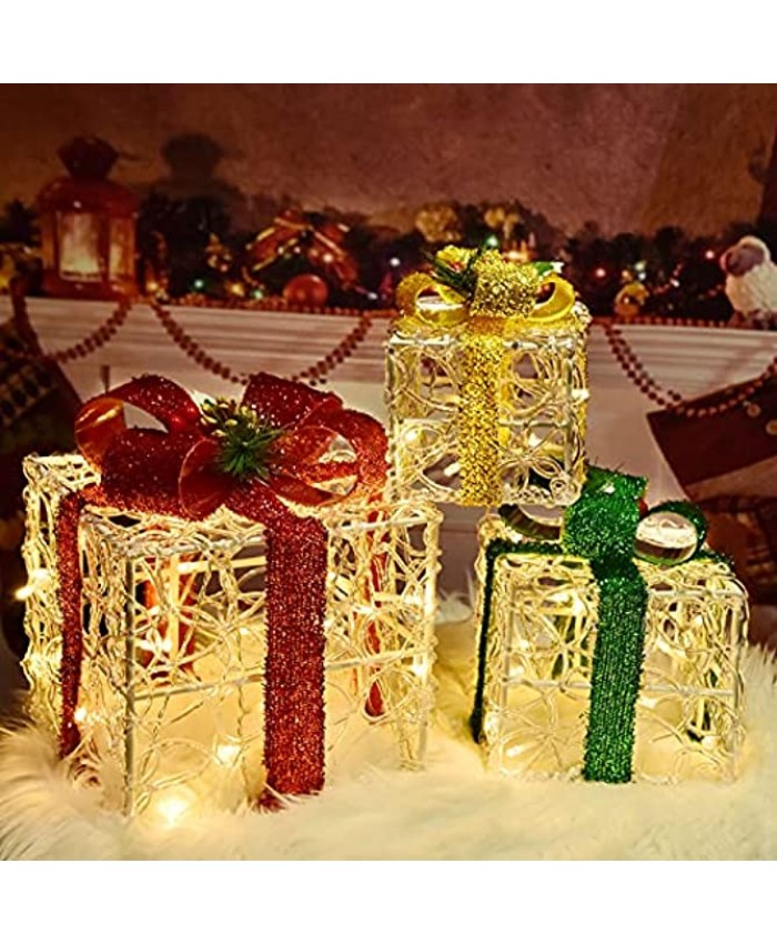 Set of 3 Christmas Lighted Gift Boxes Clear Acrylic Indoor Outdoor Present Box for Pathway Home Yard X-mas Holiday Party Decorations