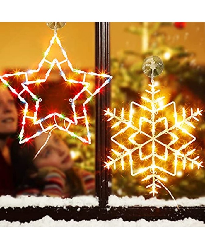 Twinkle Star 2 Pack Christmas Window Silhouette Lights Lighted Snowflake and Xmas Star Double Sided Decorations with 100 Count Incandescent Mini Light for Holiday Indoor Wall Door Glass Decor