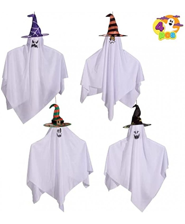 4 Pack 27.5” Halloween Hanging Ghosts Decoration with Witch Hat Cute Flying Ghost with Hat for Front Yard Patio Lawn Garden Party Décor and Holiday Decorations Haunted House Decorations