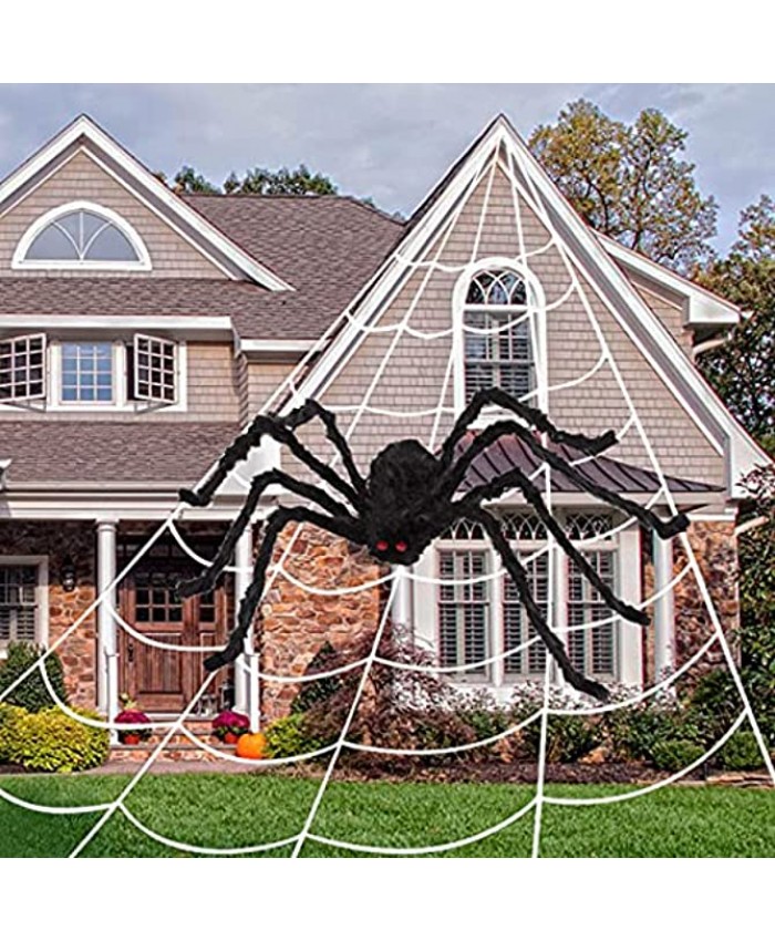 Anditoy 200" Triangular Large Spider Web + 50" Giant Halloween Spider Fake Scary Hairy Spiders Props for Outdoor Halloween Decorations Yard Halloween Decor