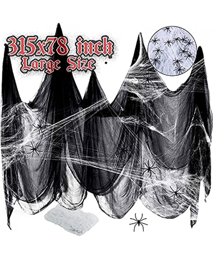 Halloween Creepy Cloth 315 x 78 Inch Scary Spooky Cloth Creepy Gauze Freaky Black Cloth for Haunted House Halloween Party Walls Doorway Outdoor Indoor Decor with 20 Small Spiders & 100g White Webs