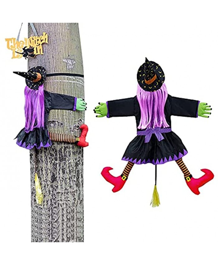ZHYCLKE Halloween Crashing Witch Into Tree Outdoor Decoration with Witch Warning Sign Cute Witch Props Tree Hanging Garden Yard Party Decor Supplies