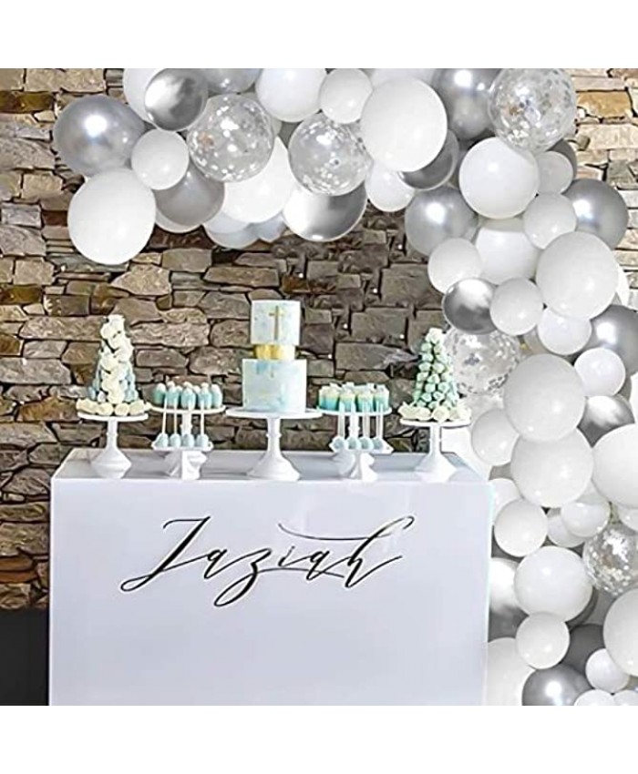 110pcs White Silver Balloons Garland Arch Kit 5” 10 Inch 12” White Silver Metallic Confetti Latex Balloons Arch Set for Birthday Baby Shower Wedding Party Decorations